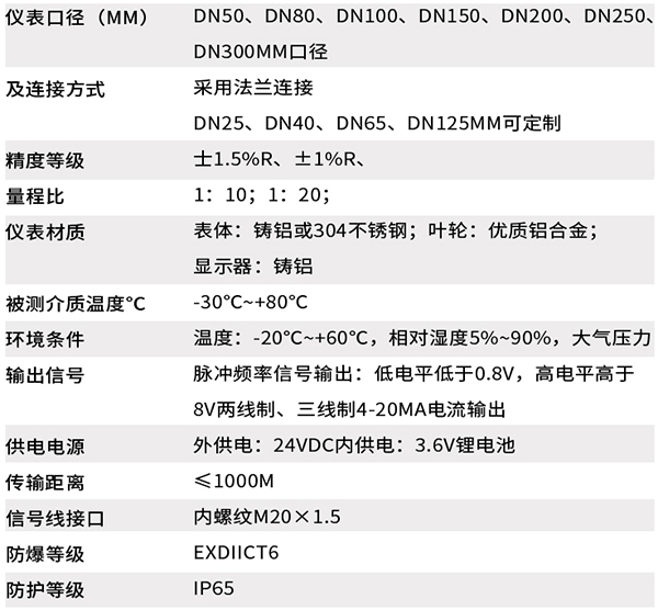 煤制氣流量計技術(shù)參數對照表